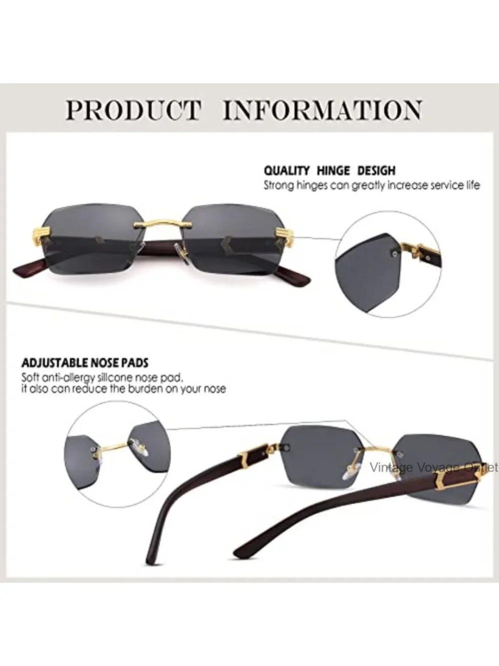 Rimless Rectangle Sunglasses Ret Y2K UV400 Lightweight Unisex Shades
